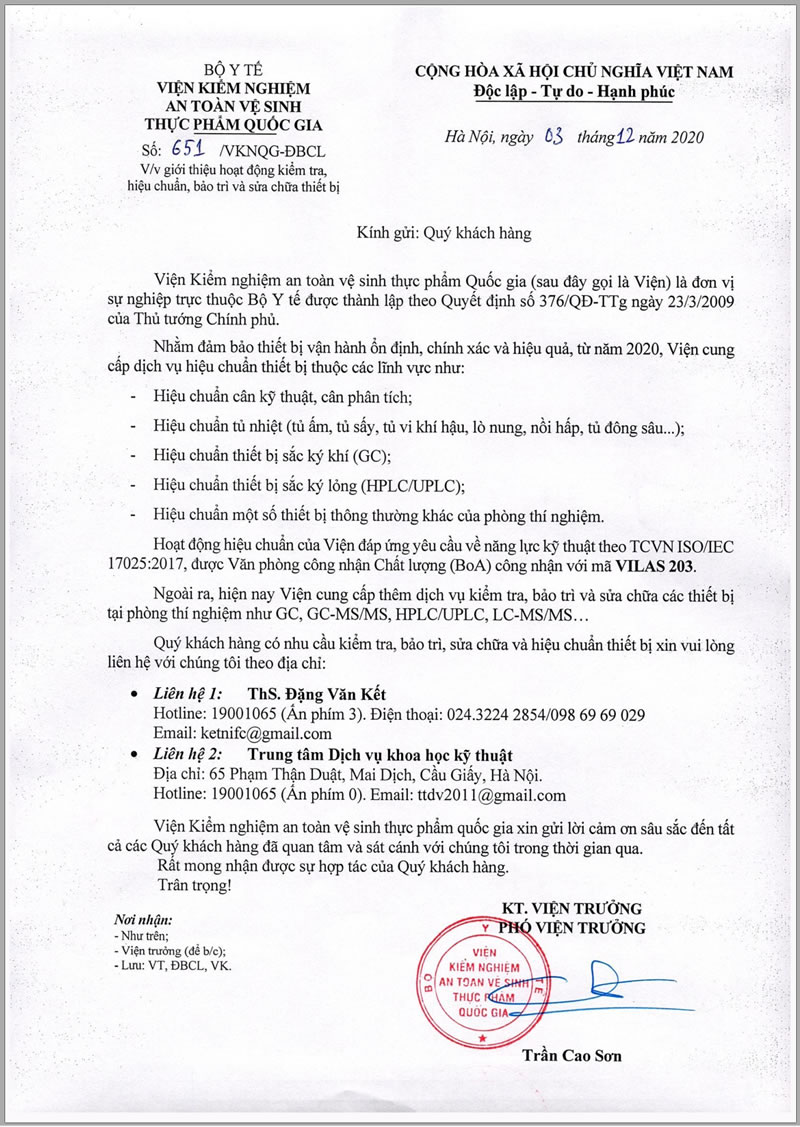 Thư ngỏ về việc giới thiệu hoạt động kiểm tra hiệu chuẩn bảo trì sửa chữa thiết bị
