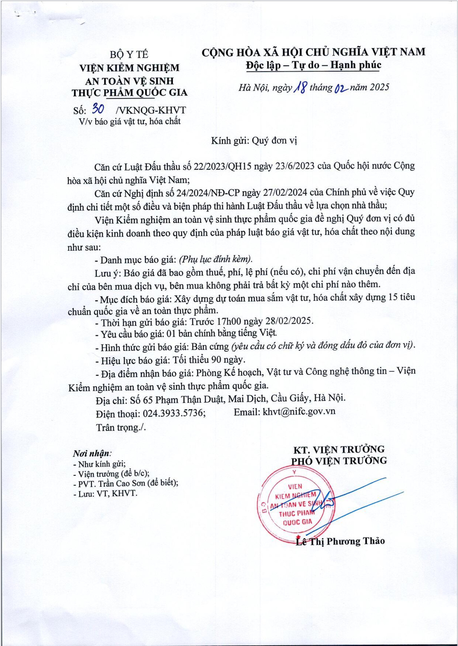 Thư mời báo giá vật tư hóa chất -1