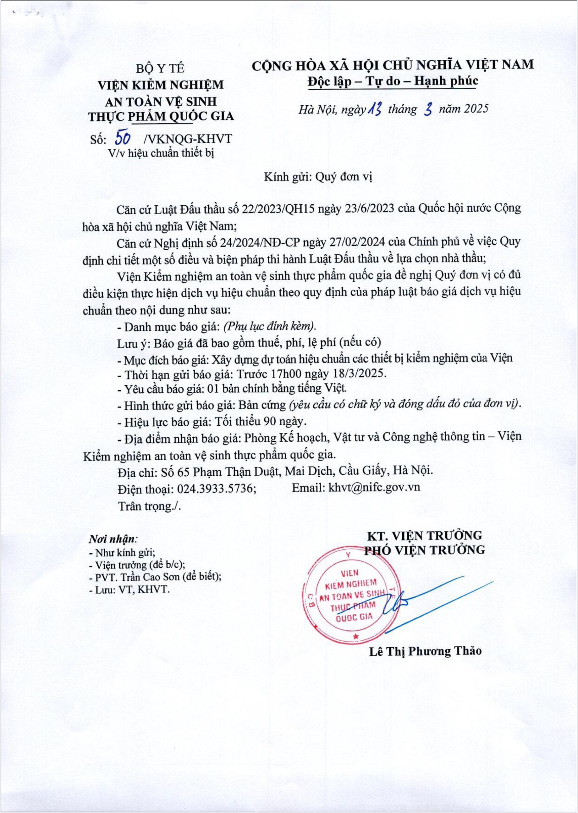 Thư mời báo giá hiệu chuẩn thiết bị